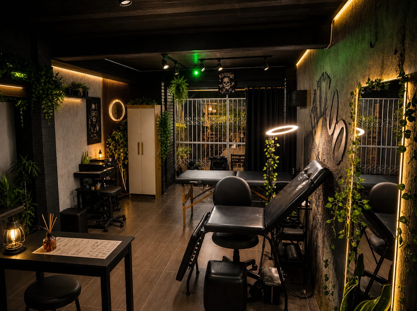 Sala de tatuagem da Druco Tattoo com plantas e iluminação quente