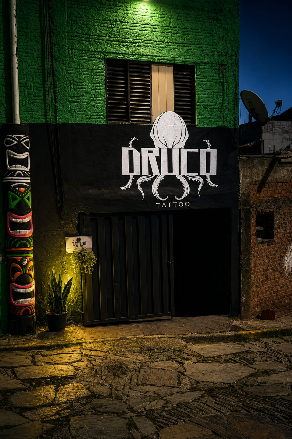 Fachada da Druco Tattoo à noite